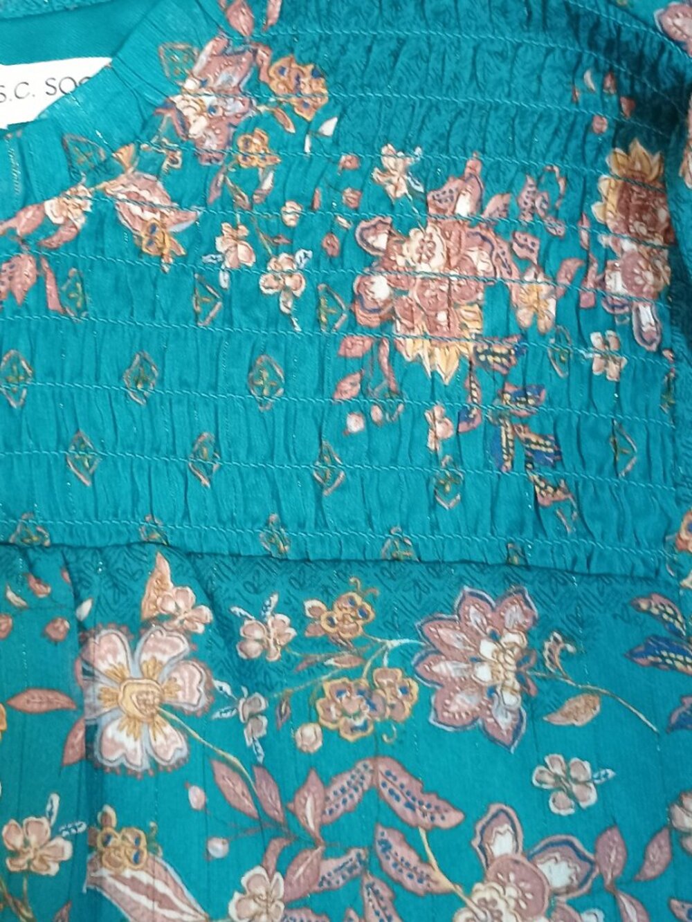 S C Society/Blouse Top/Women Large Teal Floral Sheer Chiffon Boho Romantic Style - Picture 4 of 10